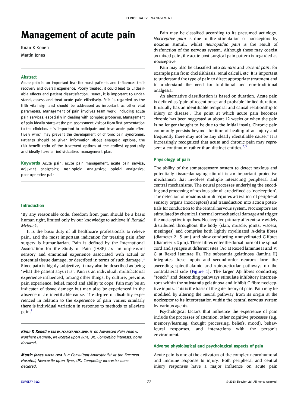 Management of acute pain