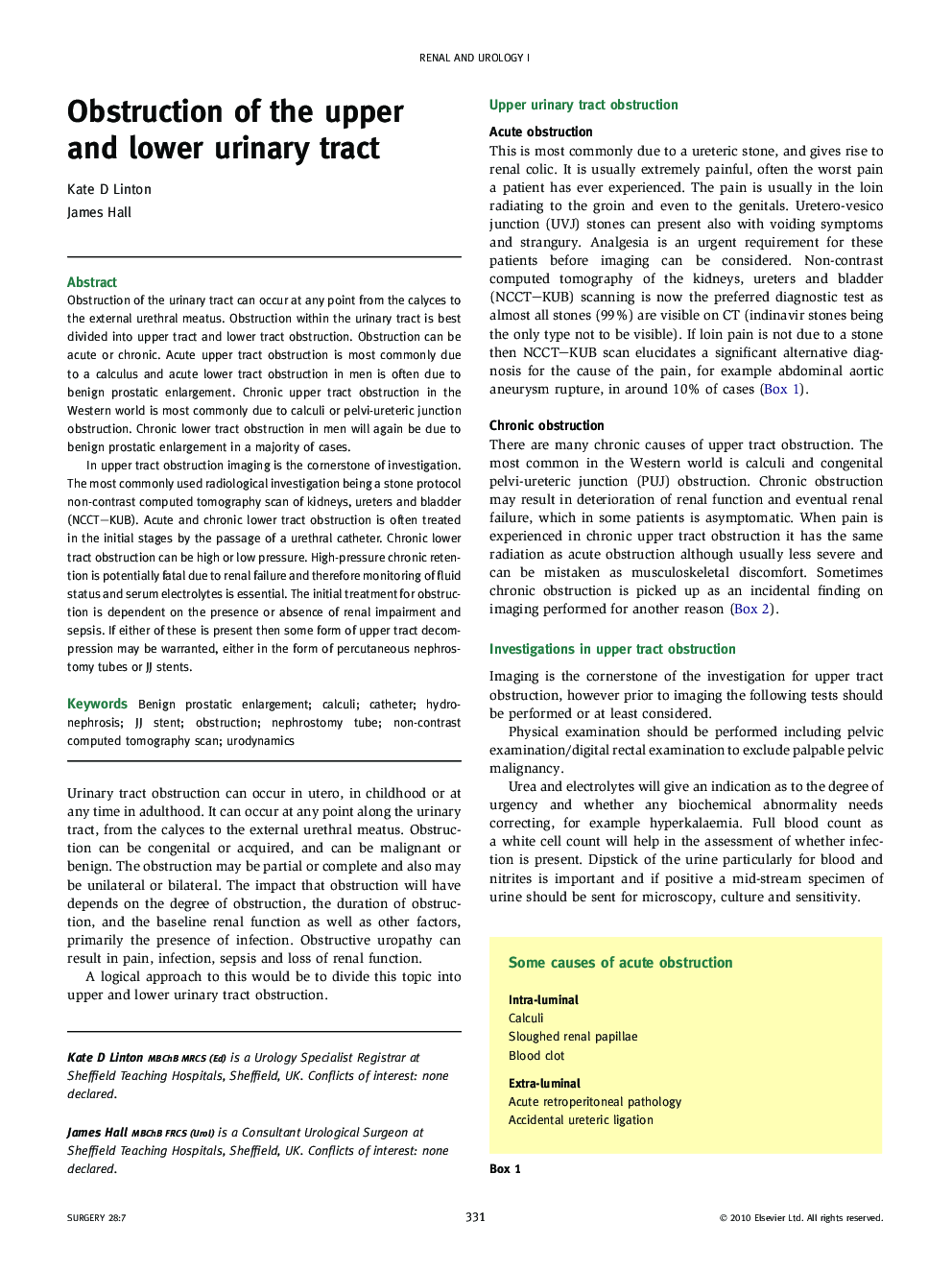 Obstruction of the upper and lower urinary tract