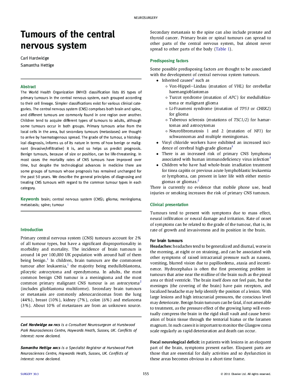 Tumours of the central nervous system