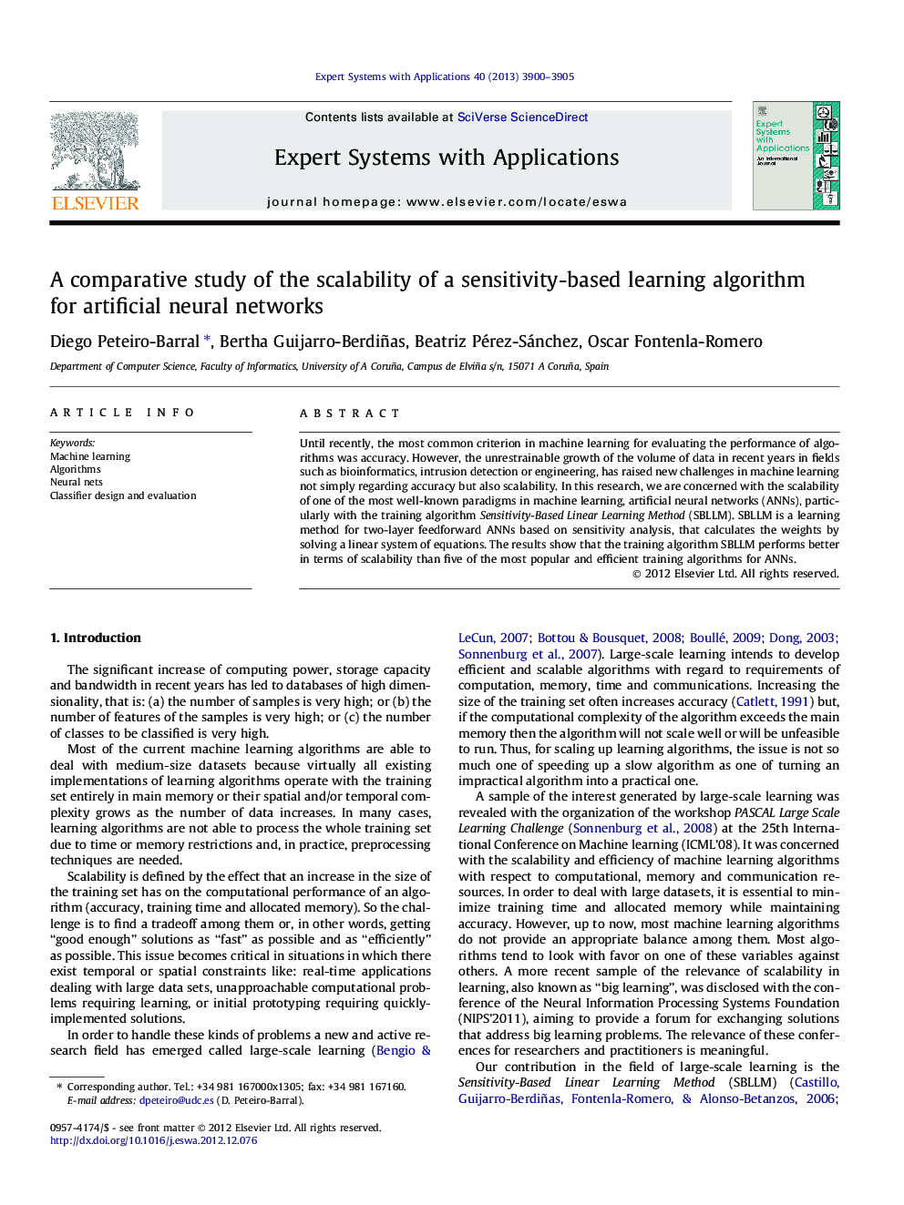 A comparative study of the scalability of a sensitivity-based learning algorithm for artificial neural networks