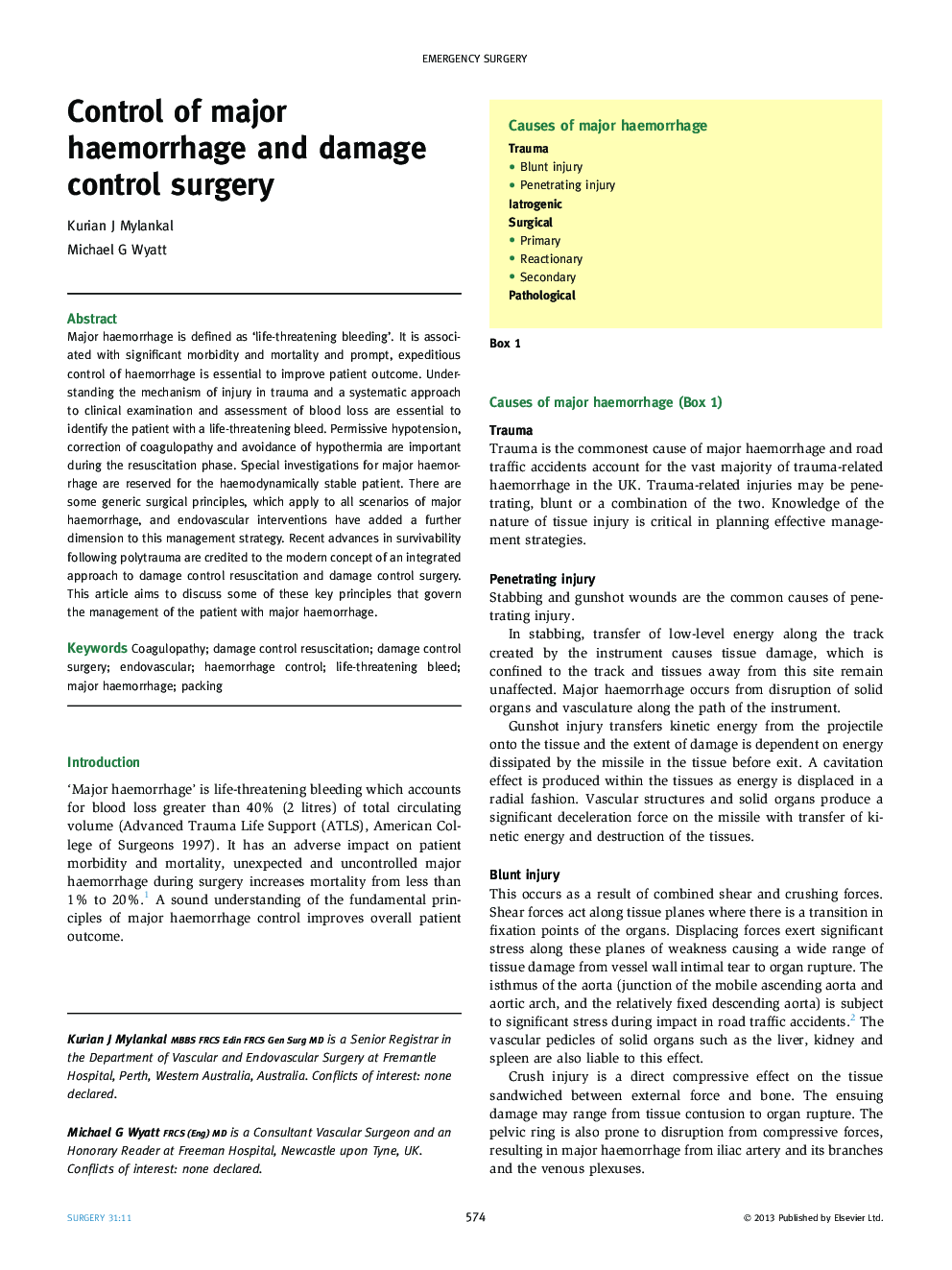 Control of major haemorrhage and damage control surgery