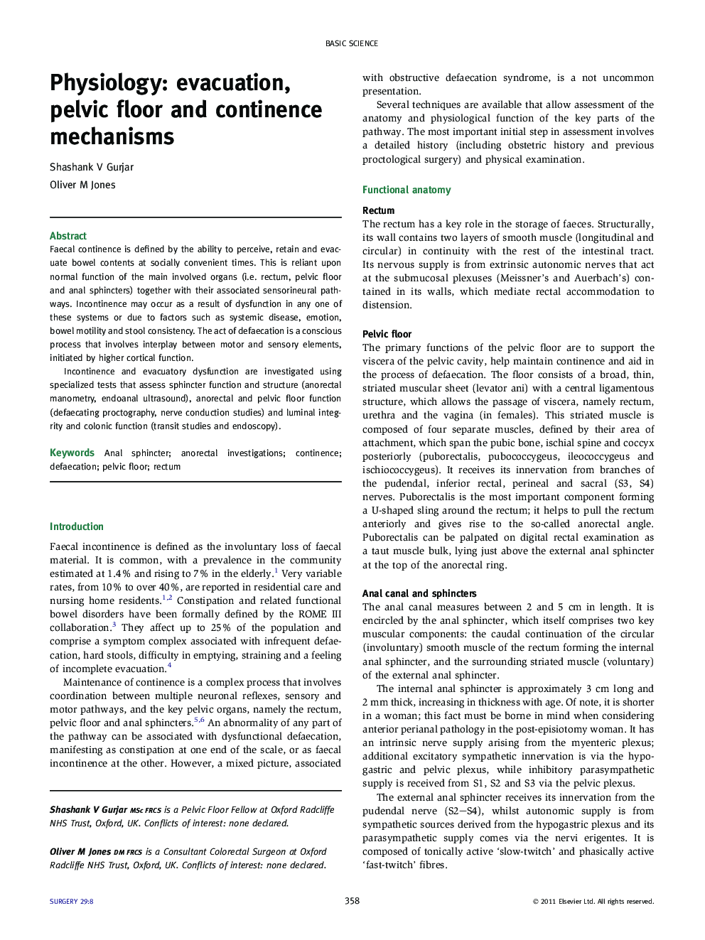 Physiology: evacuation, pelvic floor and continence mechanisms