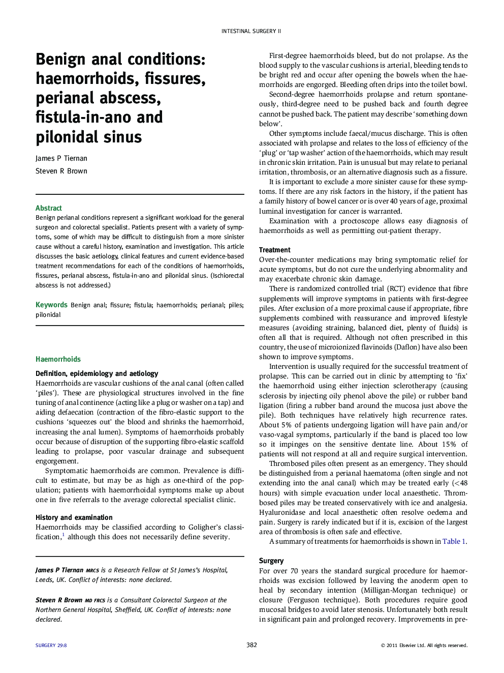 Benign anal conditions: haemorrhoids, fissures, perianal abscess, fistula-in-ano and pilonidal sinus