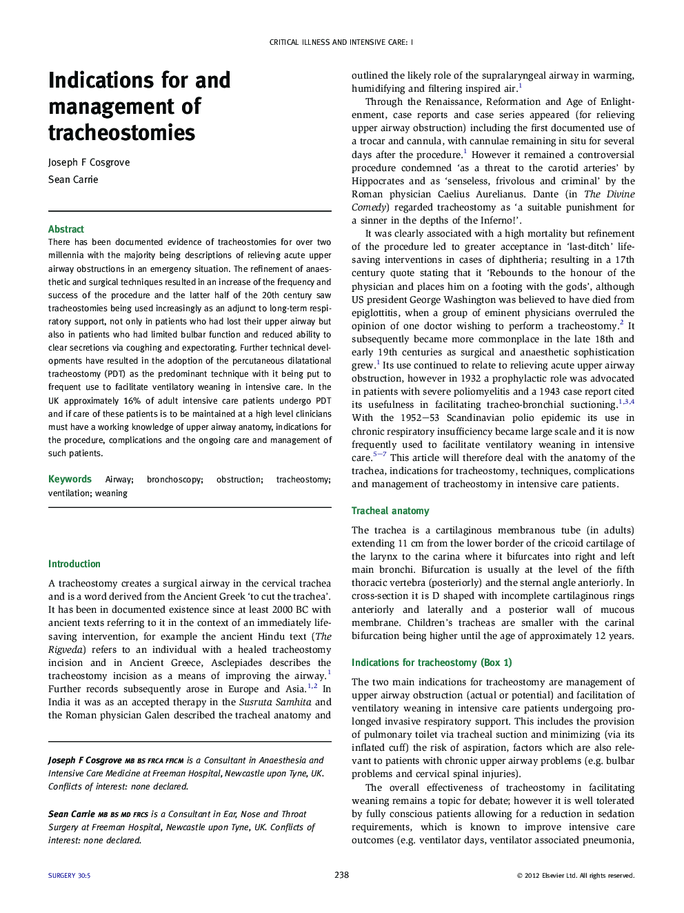 Indications for and management of tracheostomies