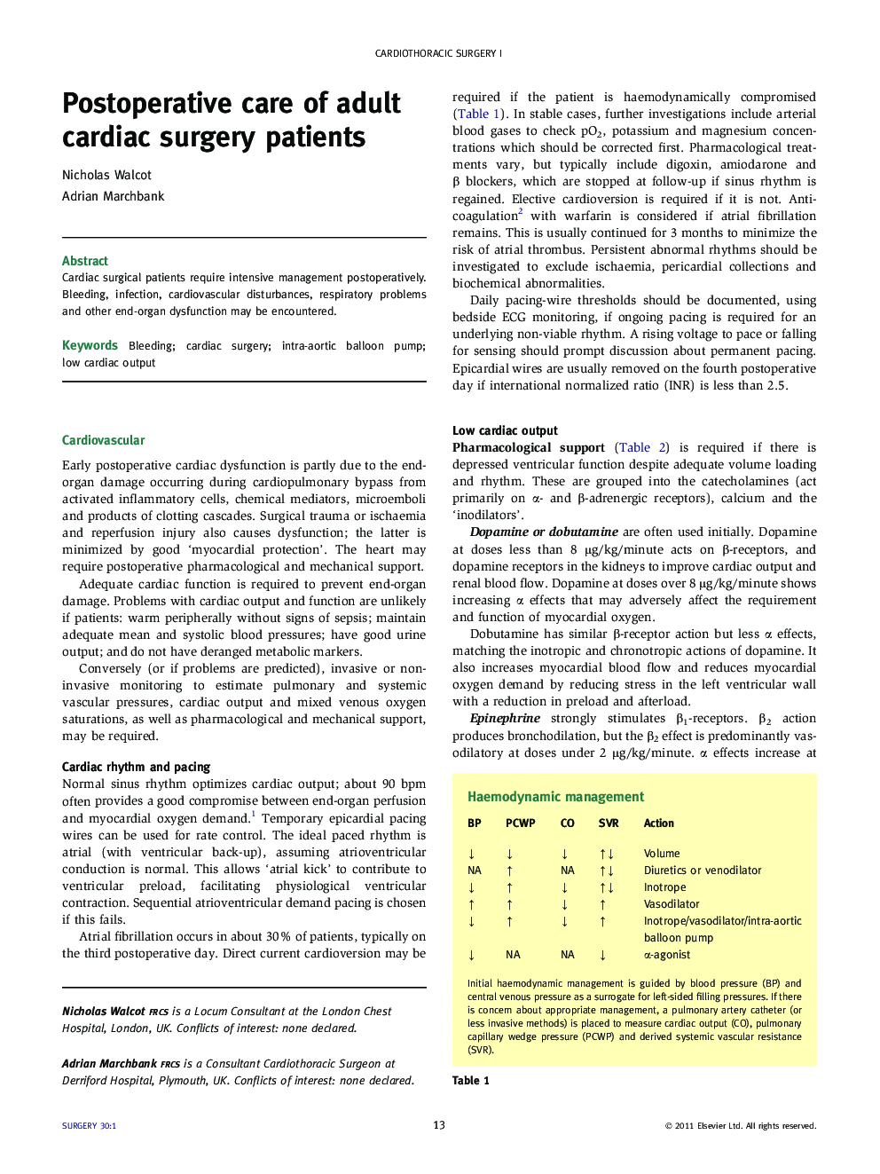 Postoperative care of adult cardiac surgery patients