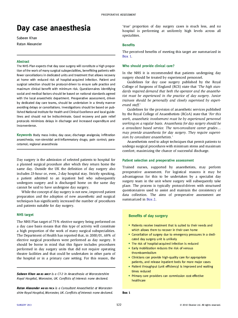 Day case anaesthesia