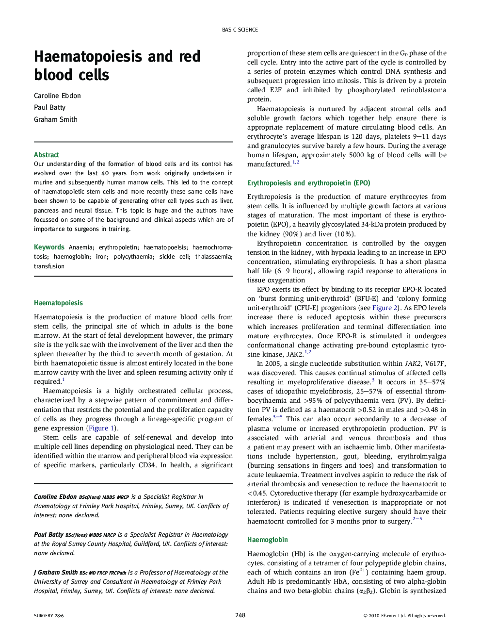 Haematopoiesis and red blood cells