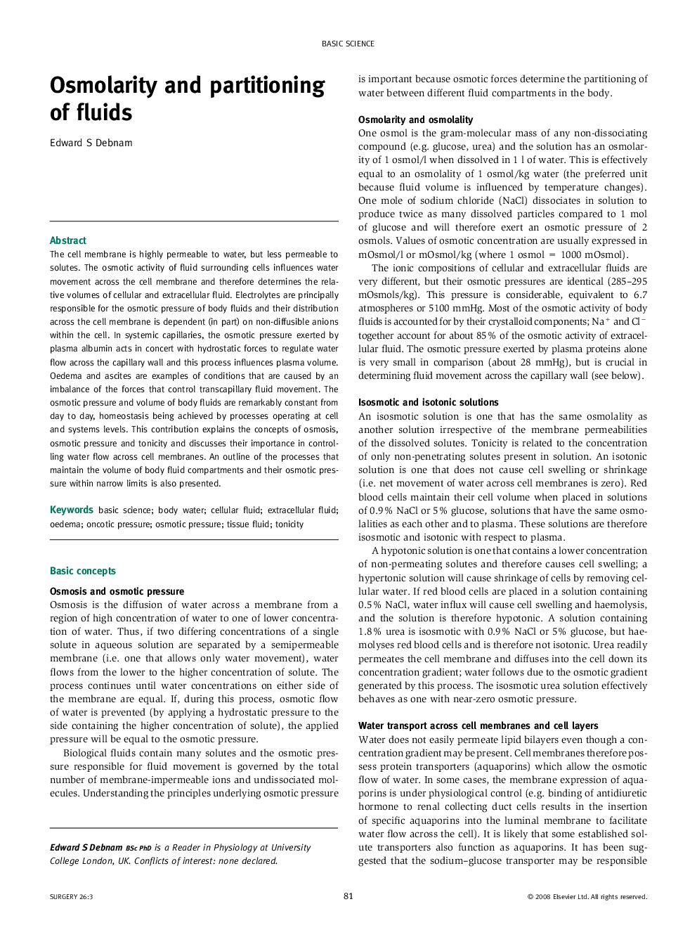 Osmolarity and partitioning of fluids