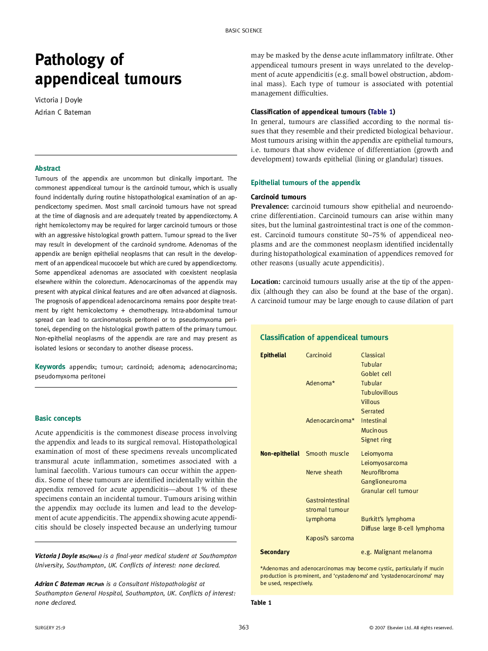 Pathology of appendiceal tumours