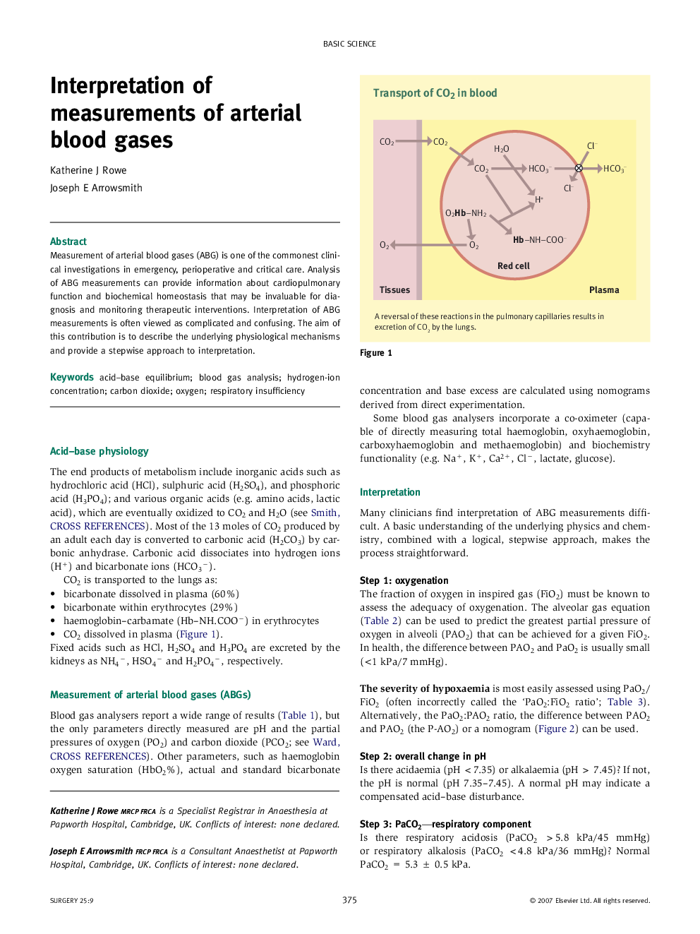 Interpretation of measurements of arterial blood gases