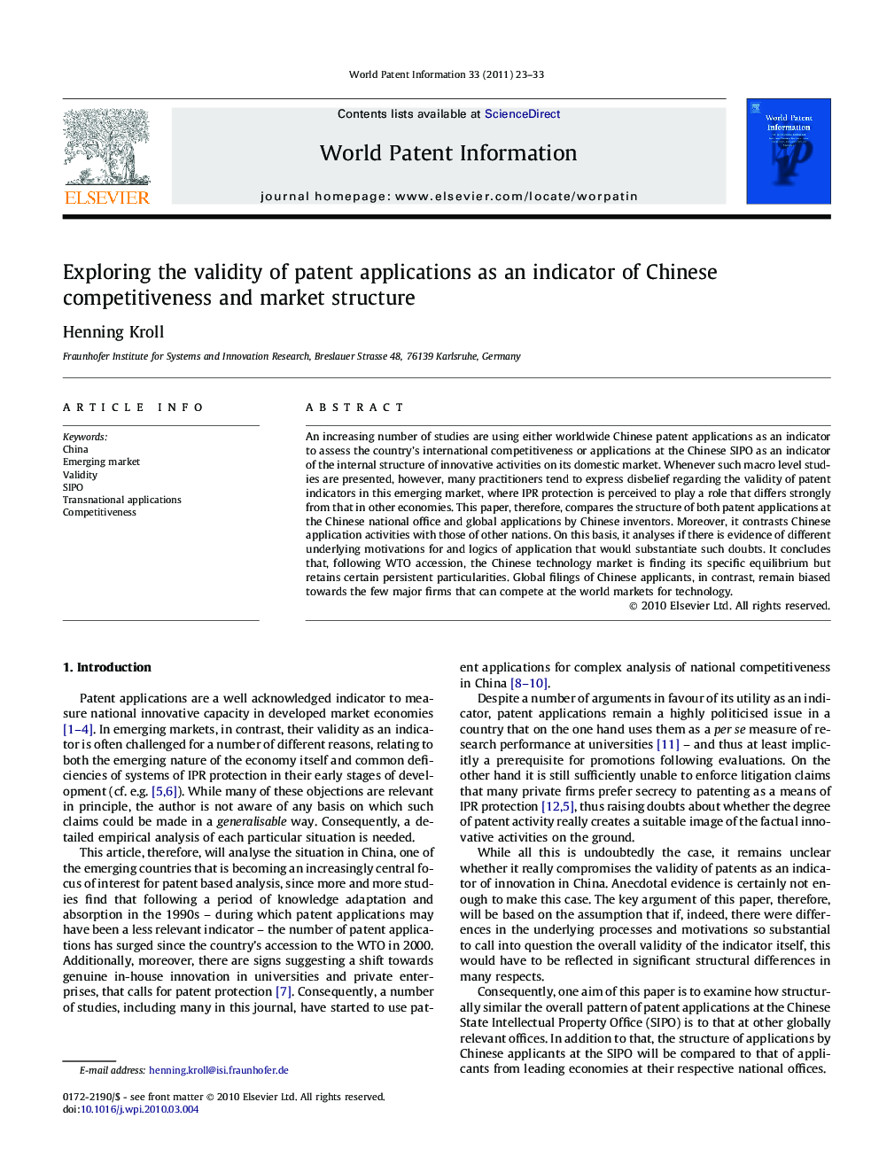 Exploring the validity of patent applications as an indicator of Chinese competitiveness and market structure