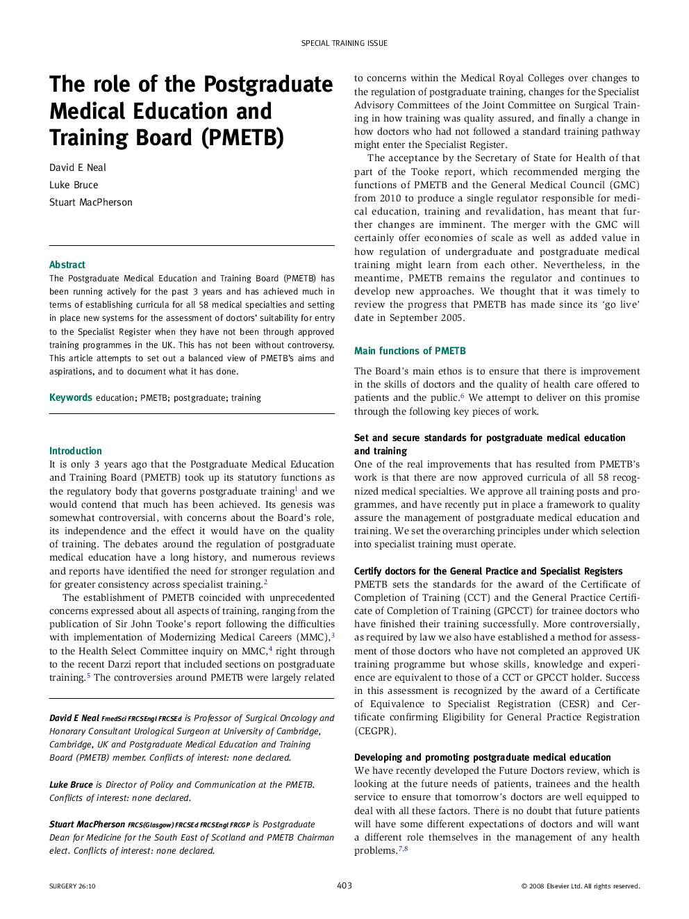 The role of the Postgraduate Medical Education and Training Board (PMETB)