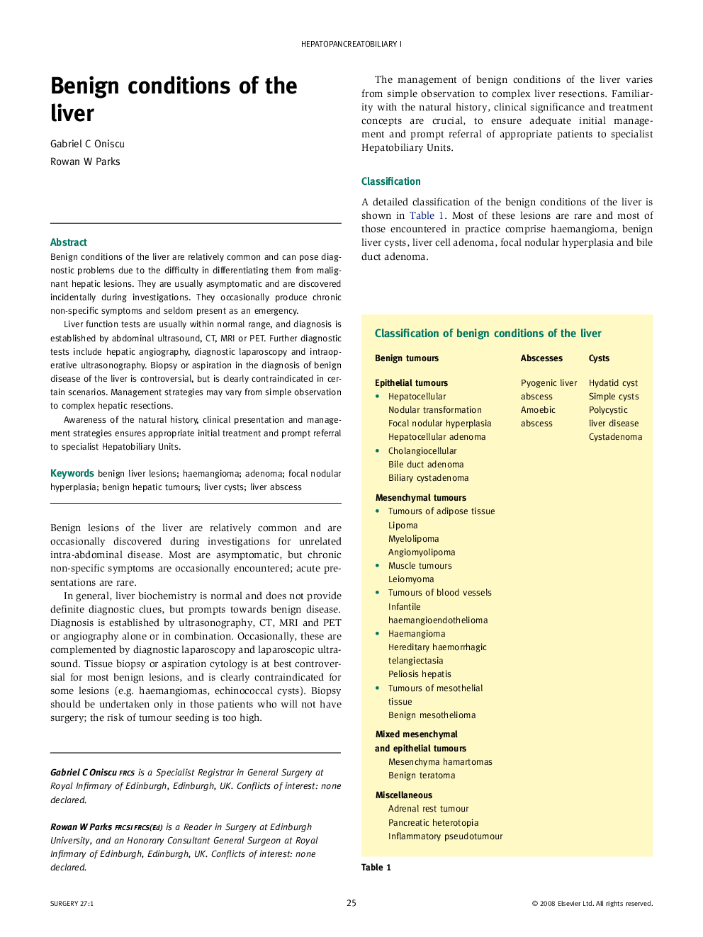 Benign conditions of the liver