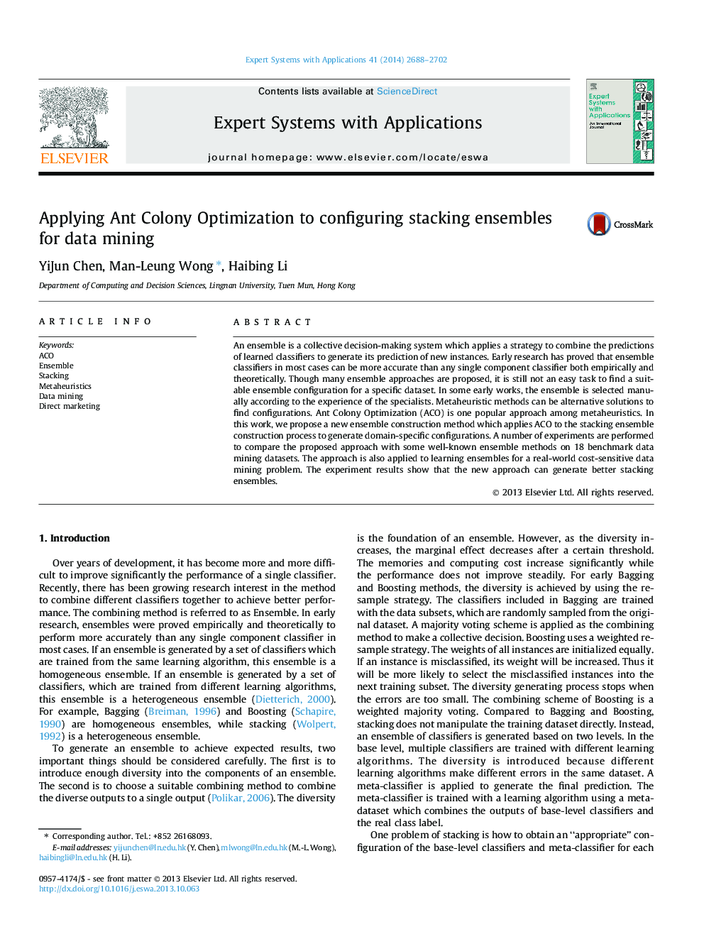 عکس صفحه اول مقاله: Applying Ant Colony Optimization to configuring stacking ensembles for data mining Applying Ant Colony Optimization to configuring stacking ensembles for data mining