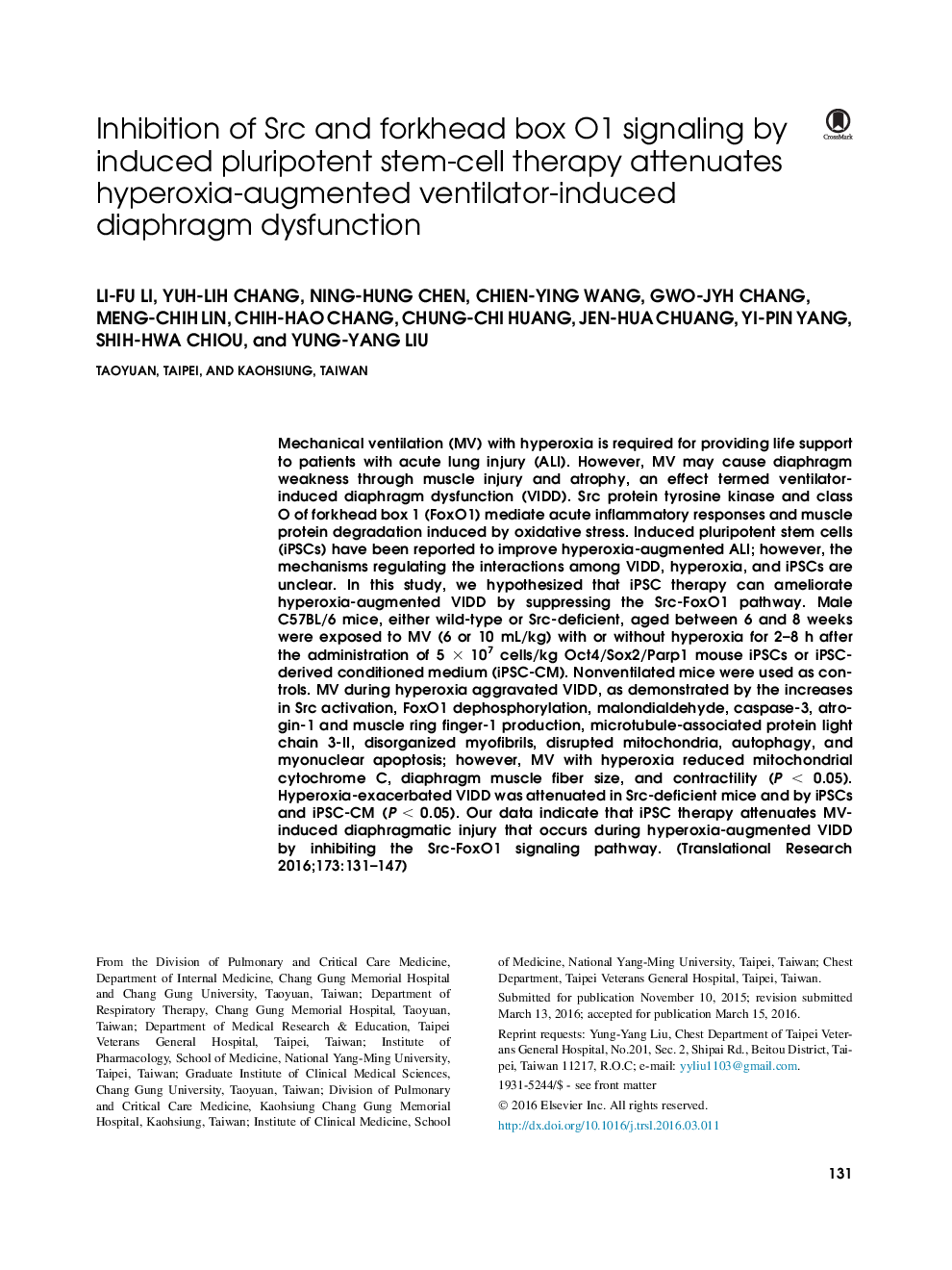 Inhibition of Src and forkhead box O1 signaling by induced pluripotent stem-cell therapy attenuates hyperoxia-augmented ventilator-induced diaphragm dysfunction