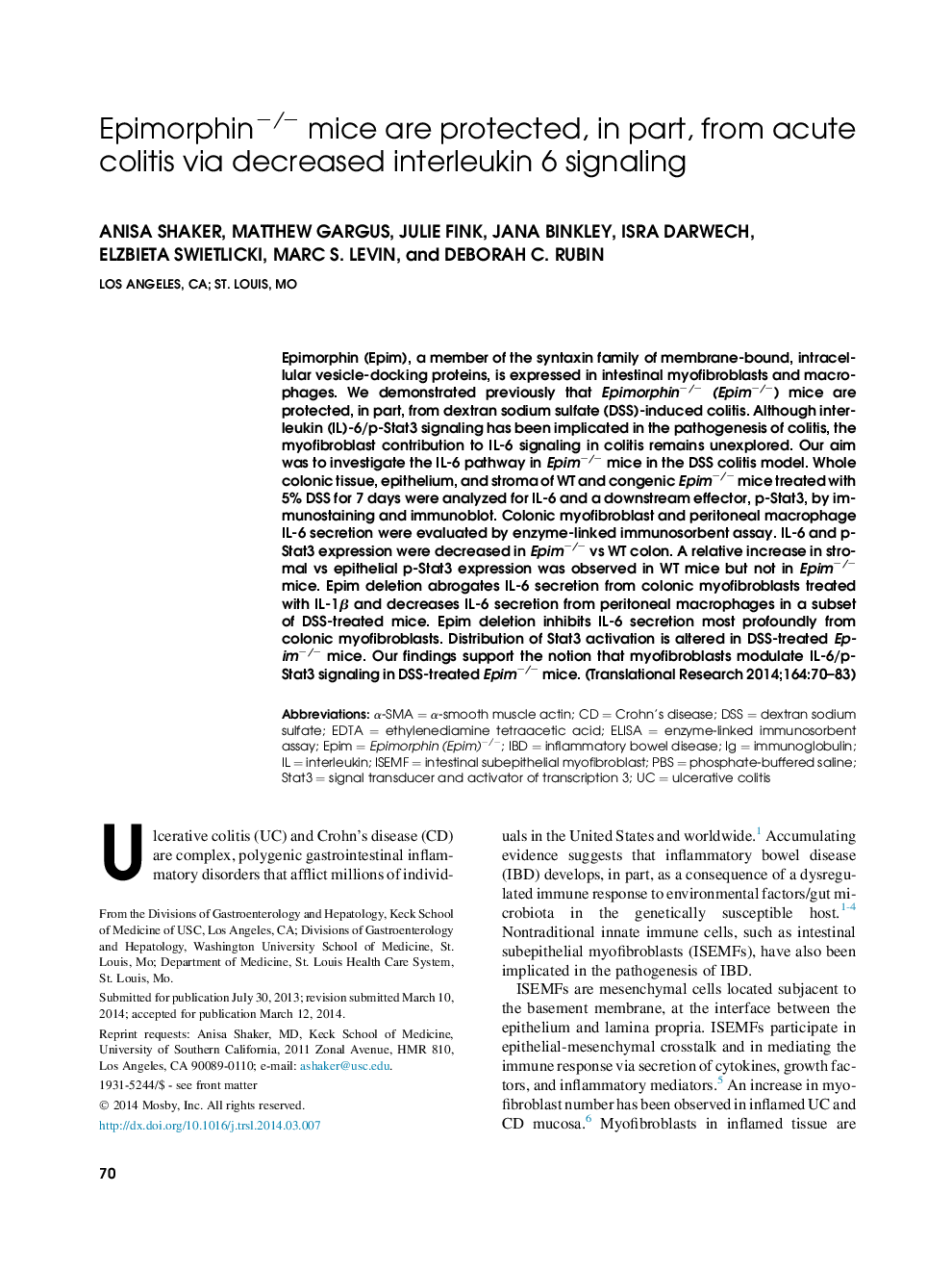 Epimorphin−/− mice are protected, in part, from acute colitis via decreased interleukin 6 signaling