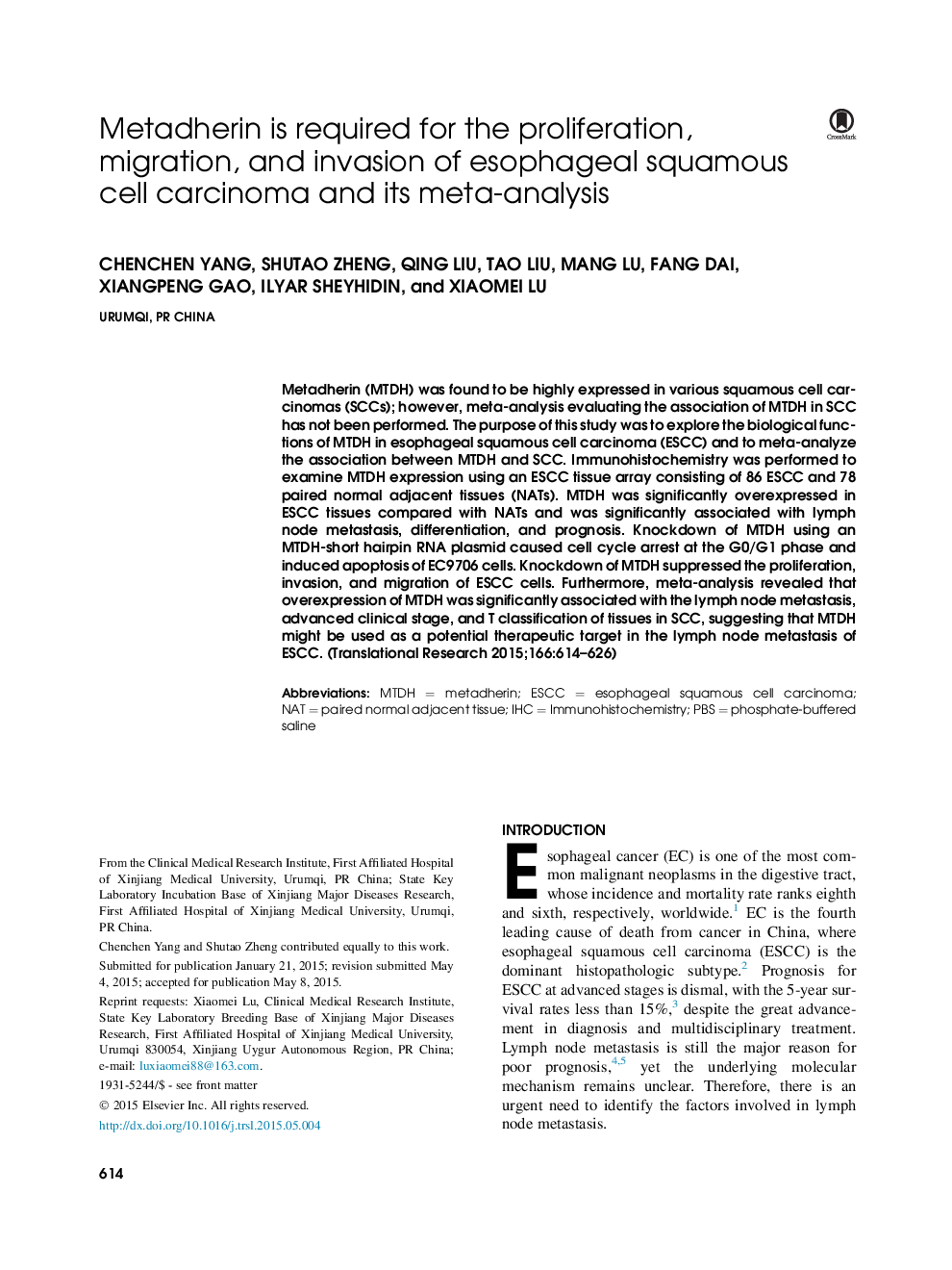 Metadherin is required for the proliferation, migration, and invasion of esophageal squamous cell carcinoma and its meta-analysis