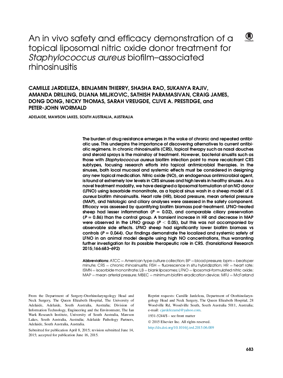 An in vivo safety and efficacy demonstration of a topical liposomal nitric oxide donor treatment for Staphylococcus aureus biofilm–associated rhinosinusitis