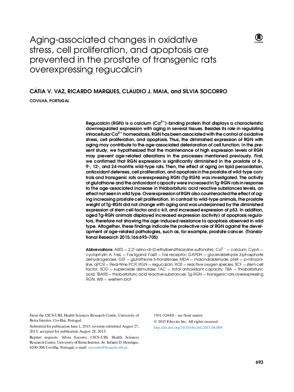 Aging-associated changes in oxidative stress, cell proliferation, and apoptosis are prevented in the prostate of transgenic rats overexpressing regucalcin