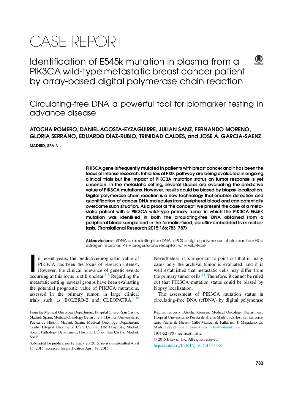 Identification of E545k mutation in plasma from a PIK3CA wild-type metastatic breast cancer patient by array-based digital polymerase chain reaction: Circulating-free DNA a powerful tool for biomarker testing in advance disease