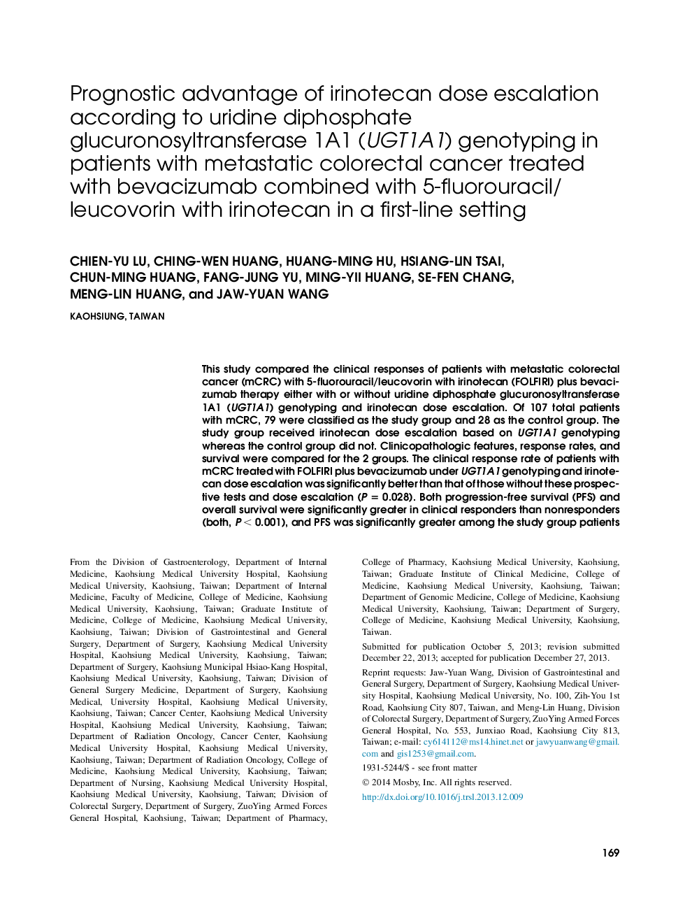 Prognostic advantage of irinotecan dose escalation according to uridine diphosphate glucuronosyltransferase 1A1 (UGT1A1) genotyping in patients with metastatic colorectal cancer treated with bevacizumab combined with 5-fluorouracil/leucovorin with irinote