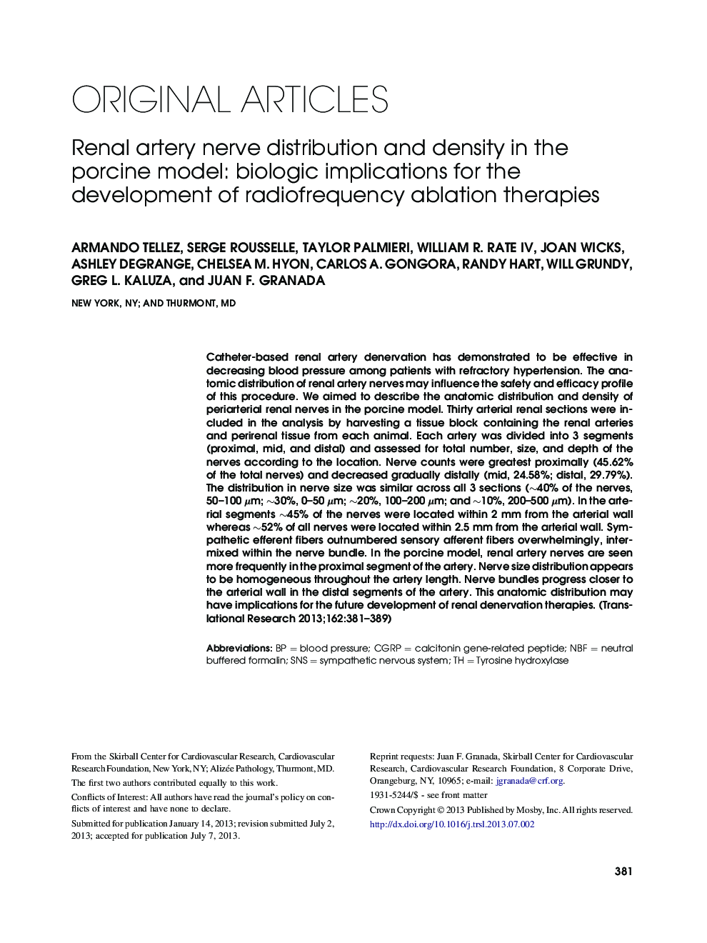 Renal artery nerve distribution and density in the porcine model: biologic implications for the development of radiofrequency ablation therapies 