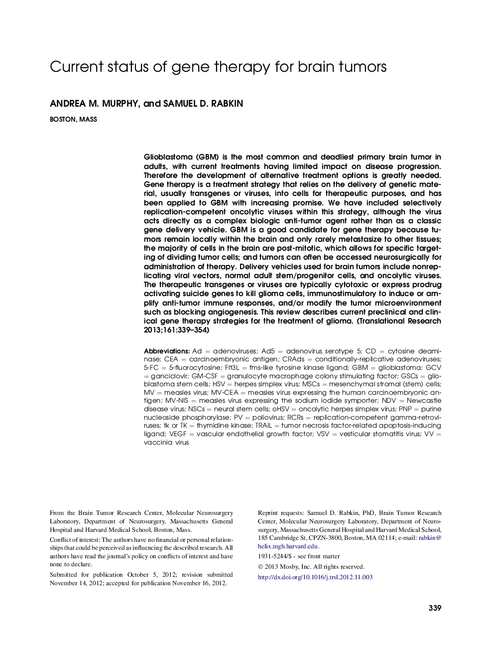 Current status of gene therapy for brain tumors 