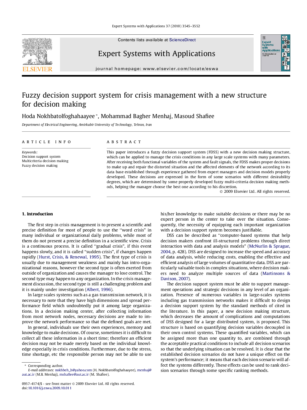 Fuzzy decision support system for crisis management with a new structure for decision making