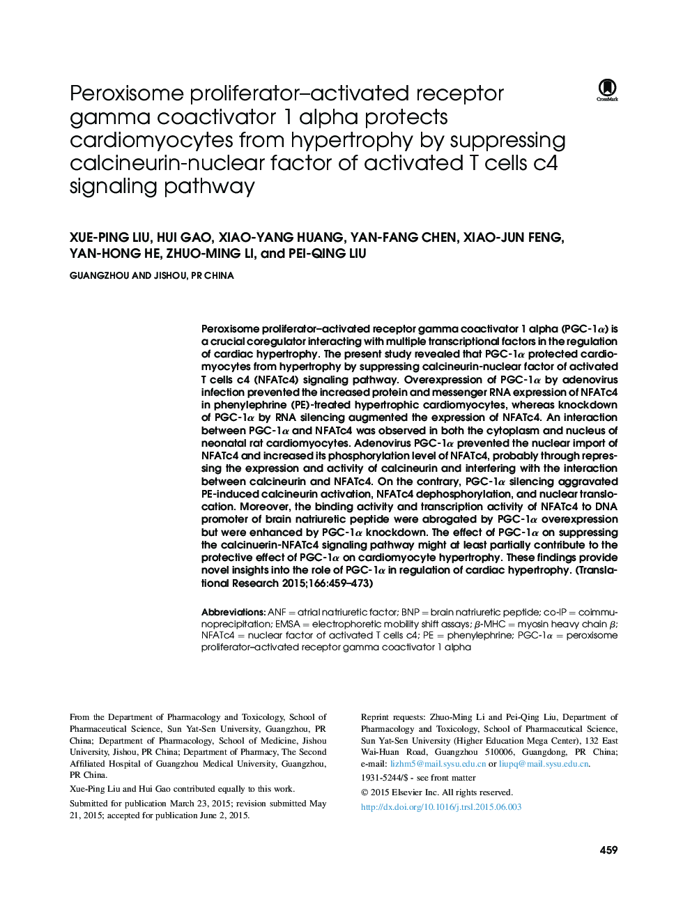 Peroxisome proliferator-activated receptor gamma coactivator 1 alpha protects cardiomyocytes from hypertrophy by suppressing calcineurin-nuclear factor of activated T cells c4 signaling pathway