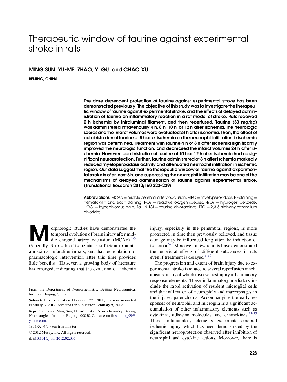 Therapeutic window of taurine against experimental stroke in rats