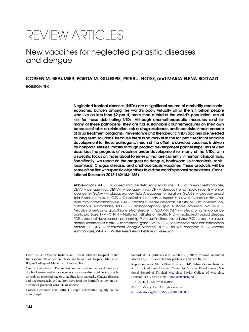 New vaccines for neglected parasitic diseases and dengue 