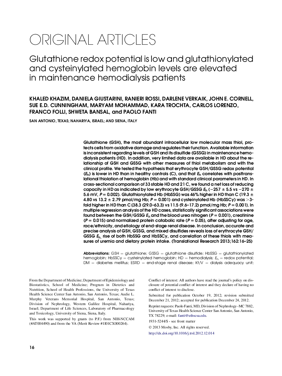 Glutathione redox potential is low and glutathionylated and cysteinylated hemoglobin levels are elevated in maintenance hemodialysis patients 