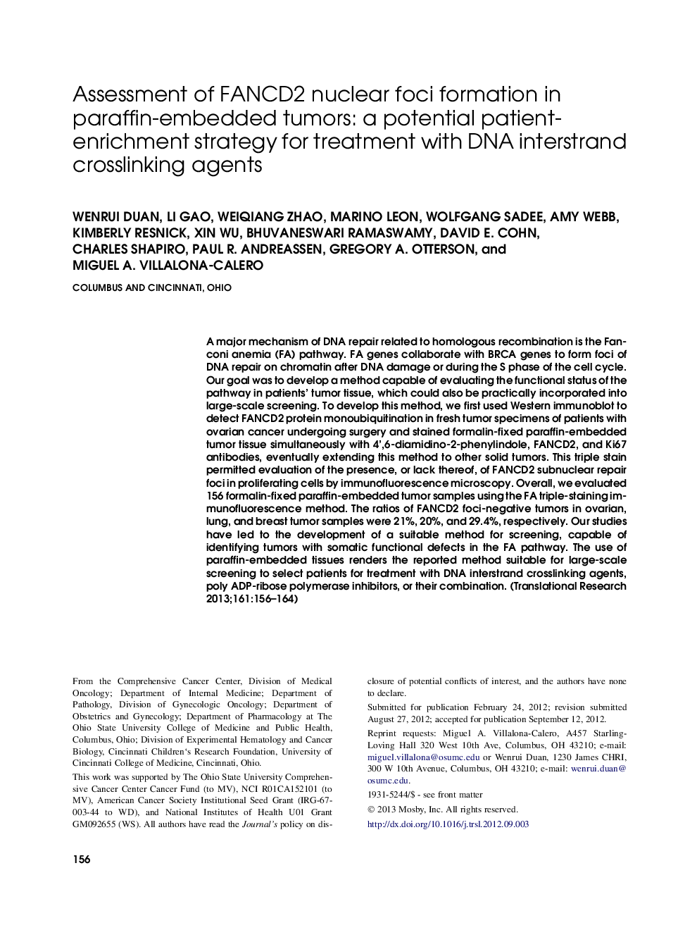 Assessment of FANCD2 nuclear foci formation in paraffin-embedded tumors: a potential patient-enrichment strategy for treatment with DNA interstrand crosslinking agents 