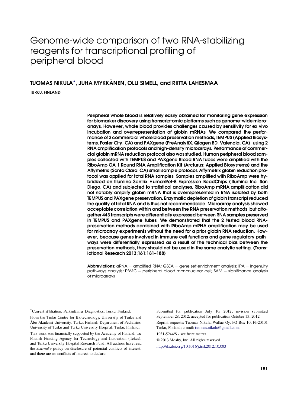 Genome-wide comparison of two RNA-stabilizing reagents for transcriptional profiling of peripheral blood 