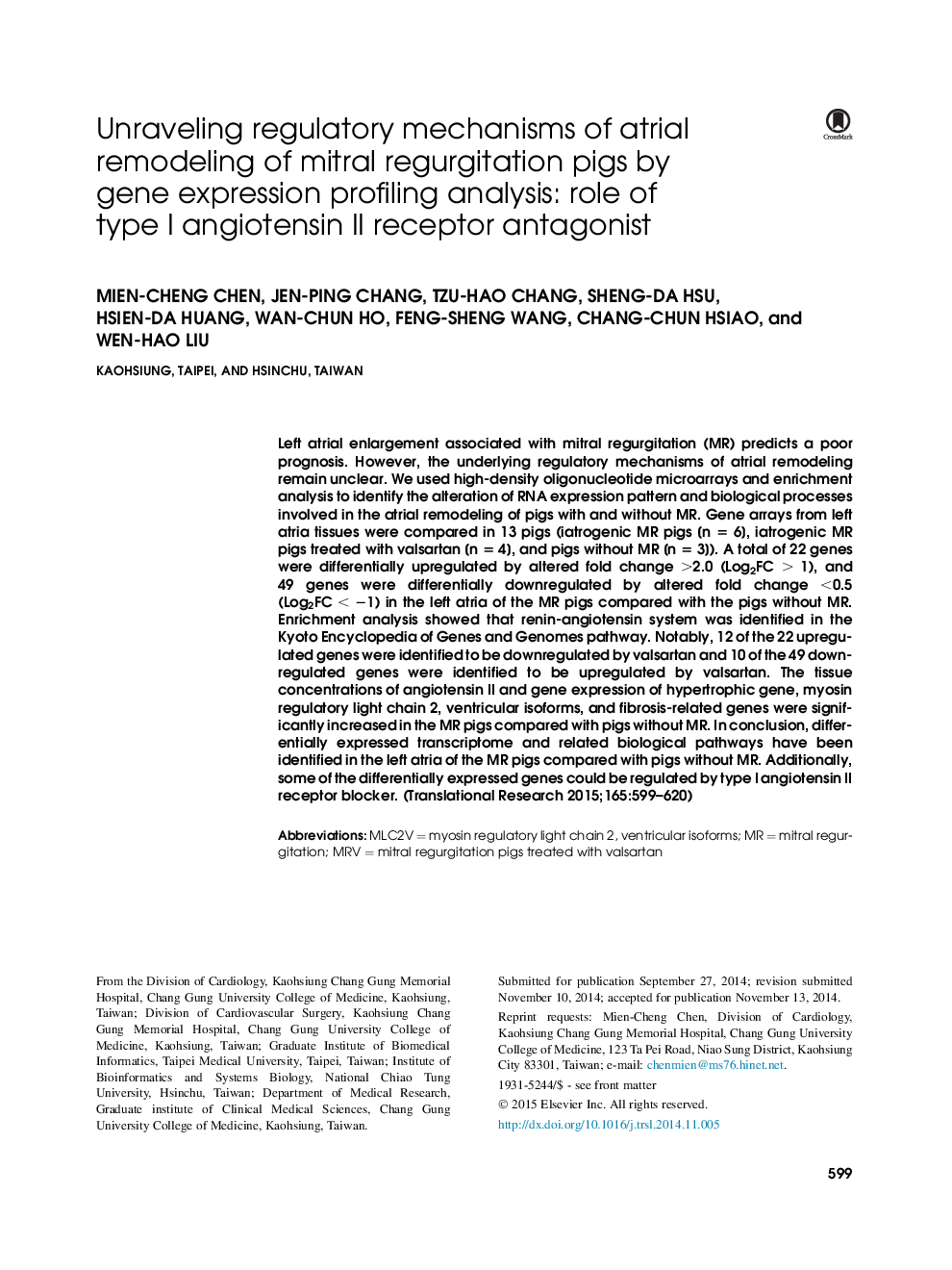 Unraveling regulatory mechanisms of atrial remodeling of mitral regurgitation pigs by gene expression profiling analysis: role of type I angiotensin II receptor antagonist