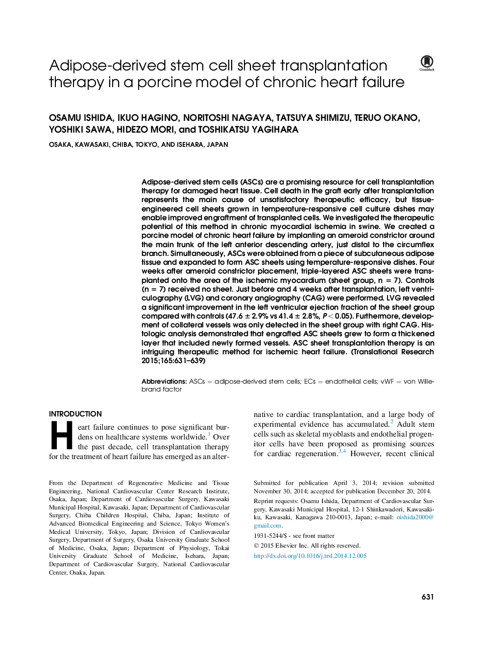 Adipose-derived stem cell sheet transplantation therapy in a porcine model of chronic heart failure