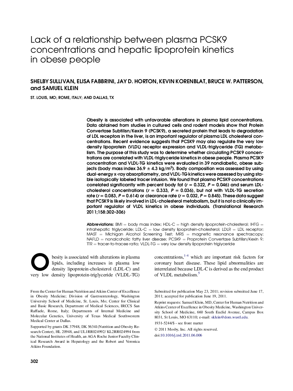 Lack of a relationship between plasma PCSK9 concentrations and hepatic lipoprotein kinetics in obese people 