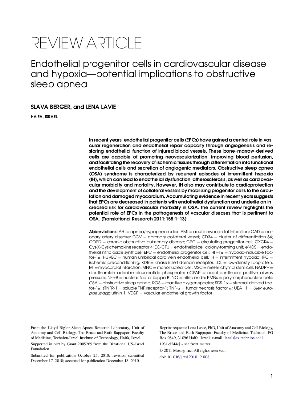 Endothelial progenitor cells in cardiovascular disease and hypoxia—potential implications to obstructive sleep apnea 