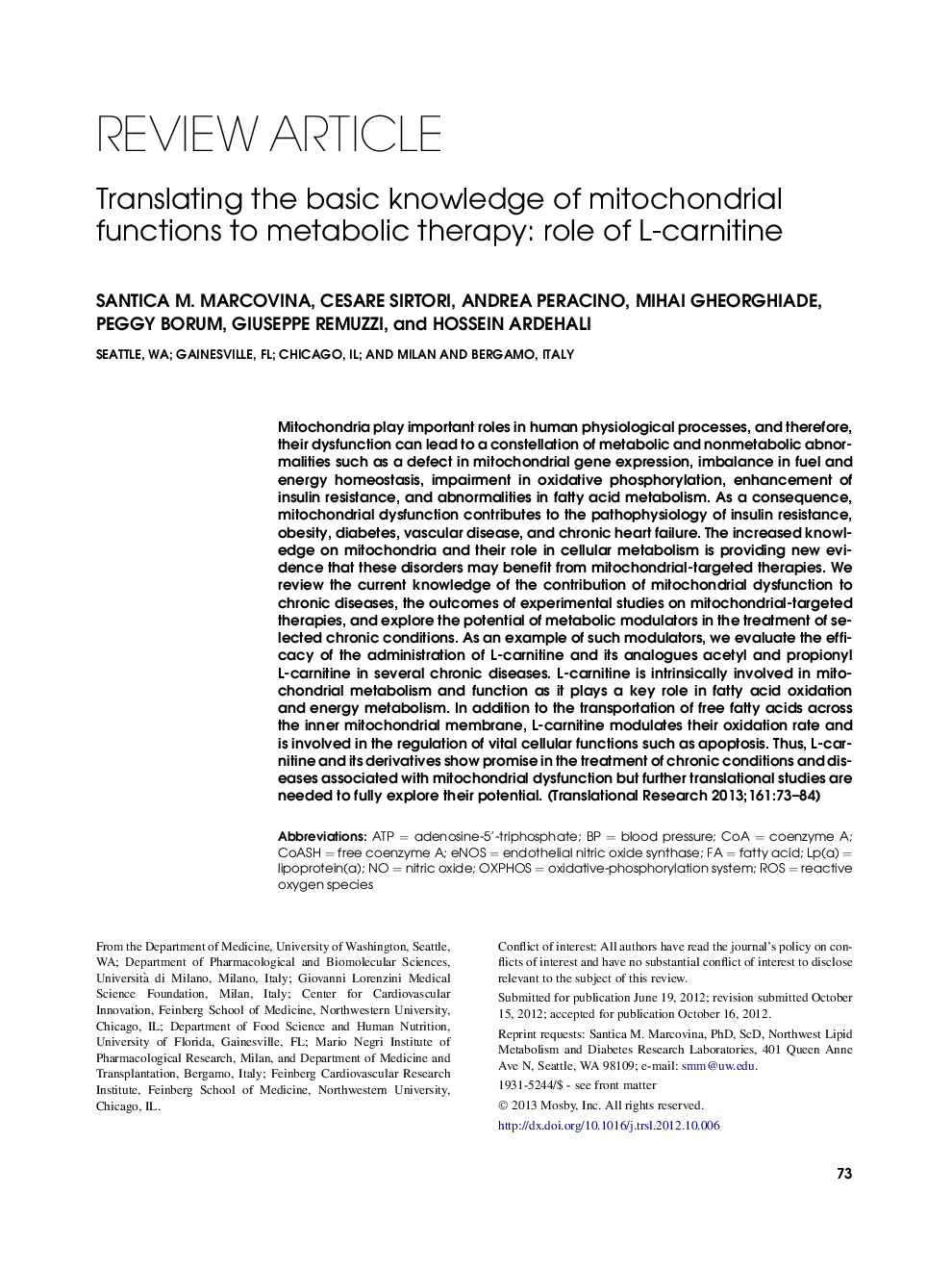 Translating the basic knowledge of mitochondrial functions to metabolic therapy: role of L-carnitine 