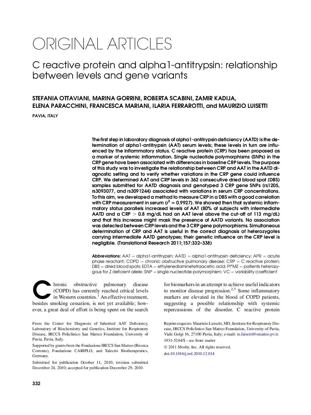 C reactive protein and alpha1-antitrypsin: relationship between levels and gene variants 