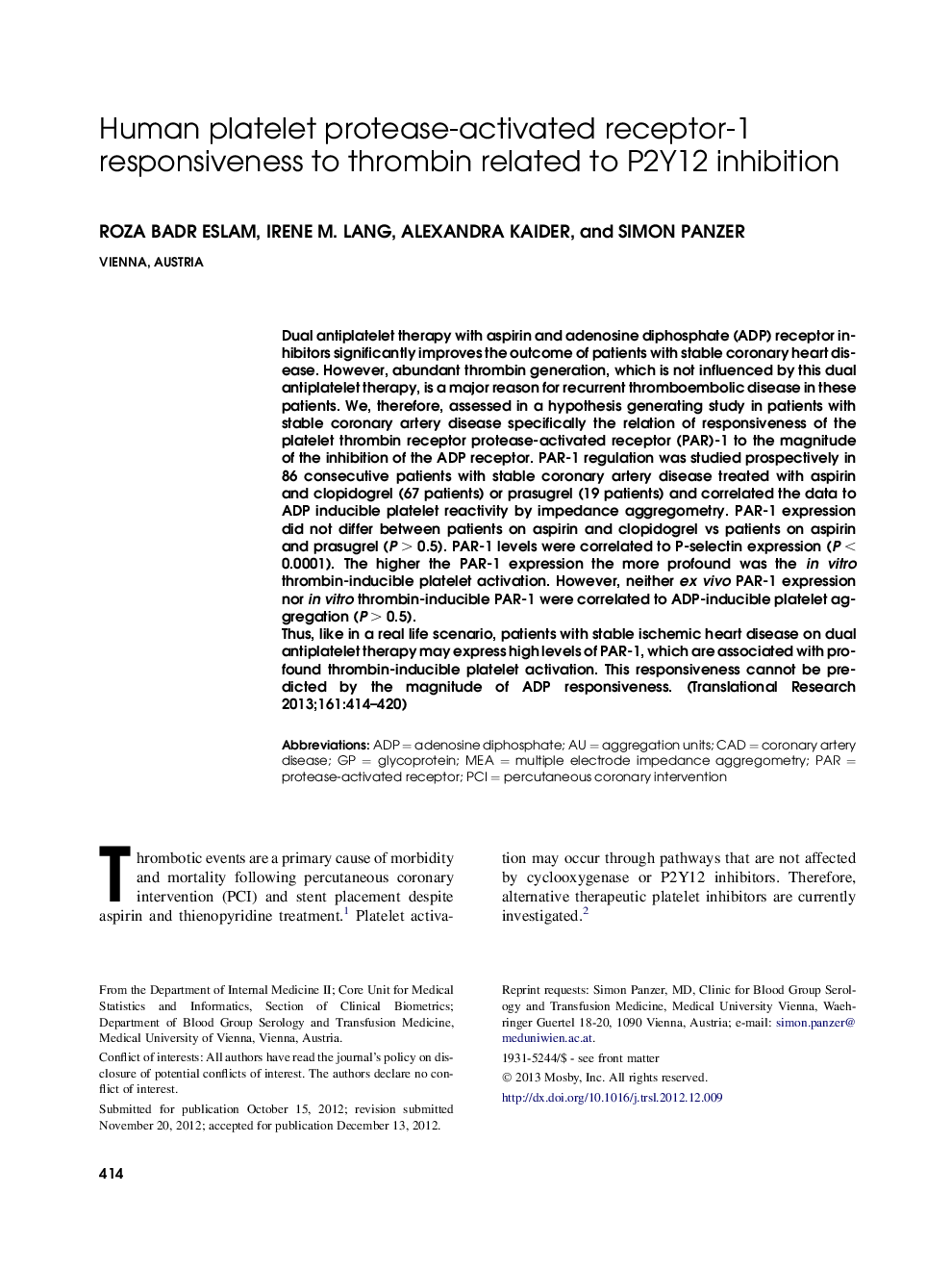 Human platelet protease-activated receptor-1 responsiveness to thrombin related to P2Y12 inhibition 