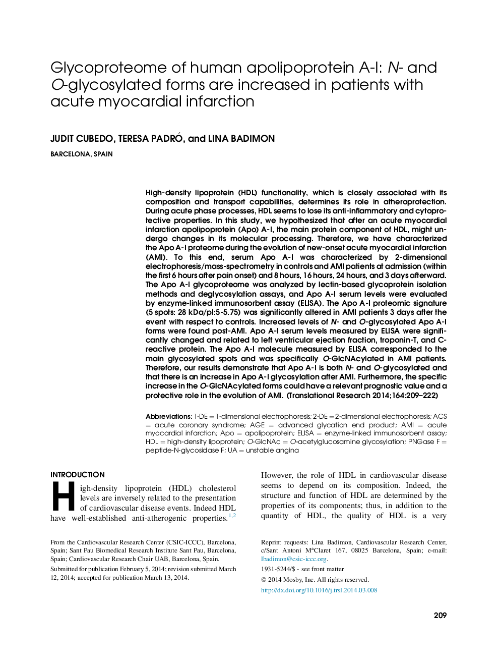 Glycoproteome of human apolipoprotein A-I: N- and O-glycosylated forms are increased in patients with acute myocardial infarction