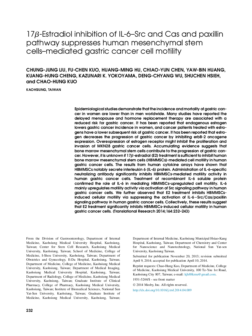 17β-Estradiol inhibition of IL-6–Src and Cas and paxillin pathway suppresses human mesenchymal stem cells–mediated gastric cancer cell motility