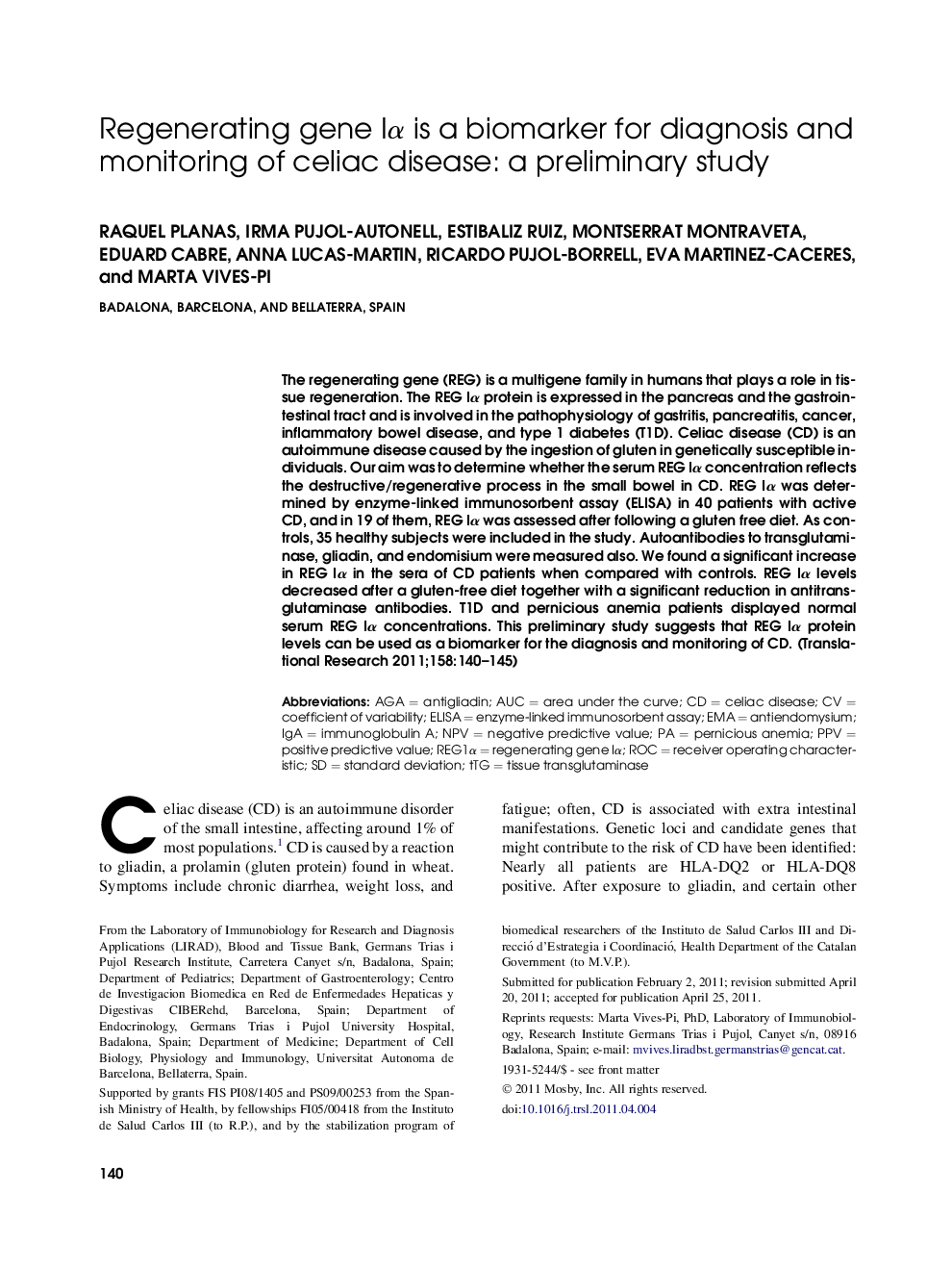 Regenerating gene Iα is a biomarker for diagnosis and monitoring of celiac disease: a preliminary study 