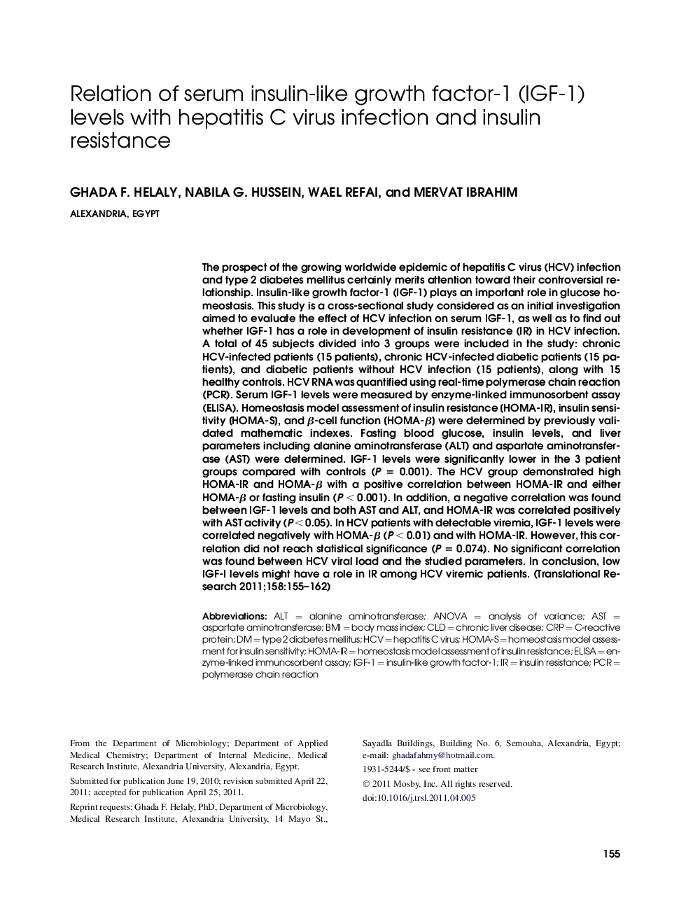 Relation of serum insulin-like growth factor-1 (IGF-1) levels with hepatitis C virus infection and insulin resistance