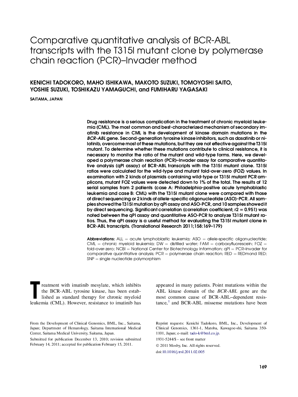 Comparative quantitative analysis of BCR-ABL transcripts with the T315I mutant clone by polymerase chain reaction (PCR)–Invader method