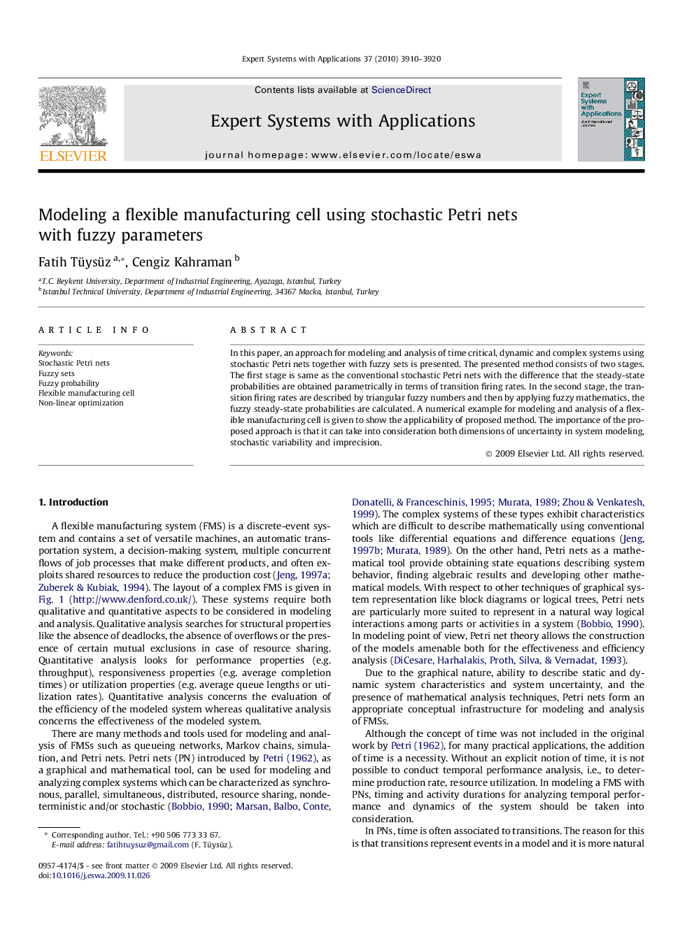 Modeling a flexible manufacturing cell using stochastic Petri nets with fuzzy parameters