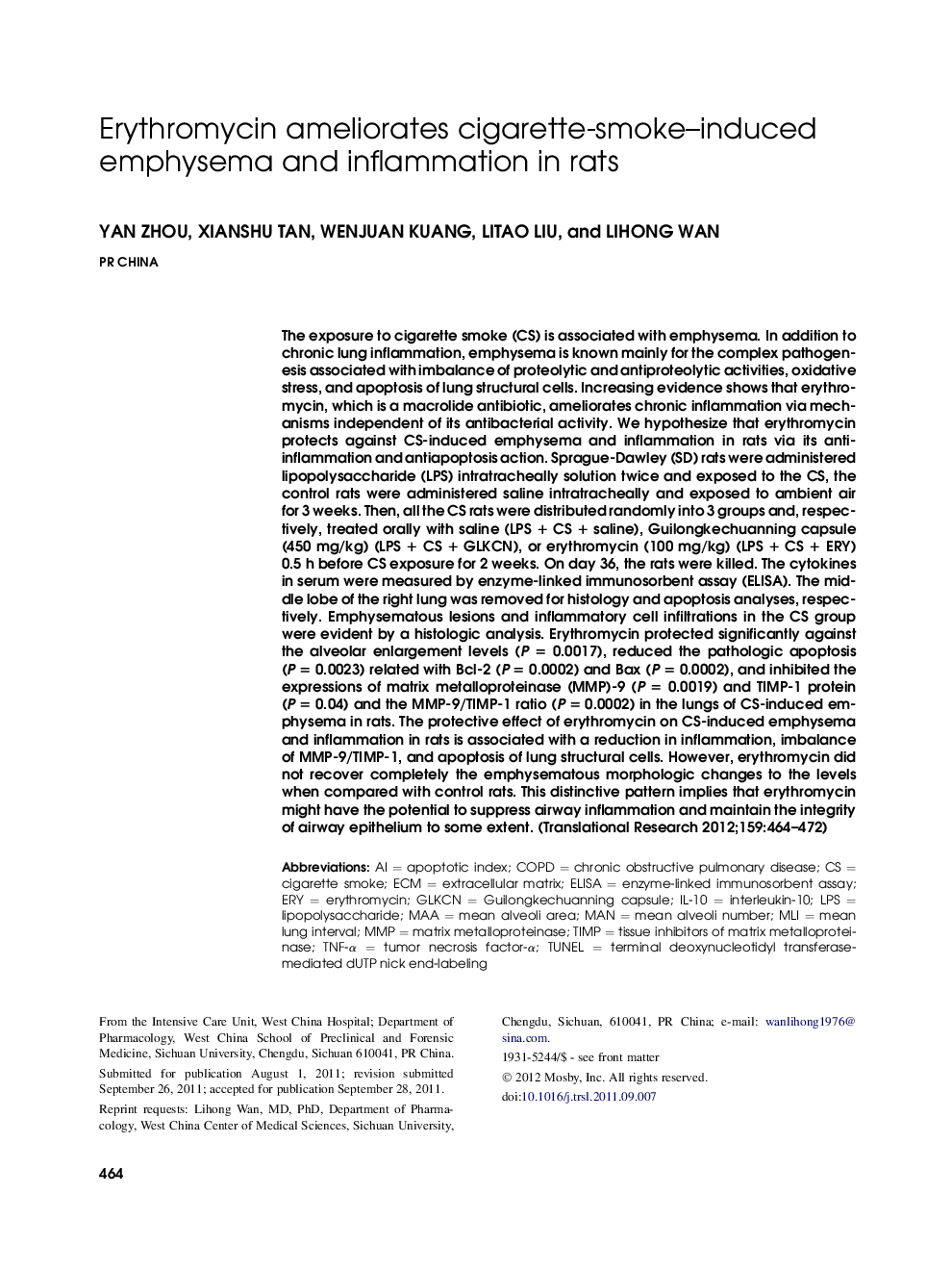 Erythromycin ameliorates cigarette-smoke–induced emphysema and inflammation in rats