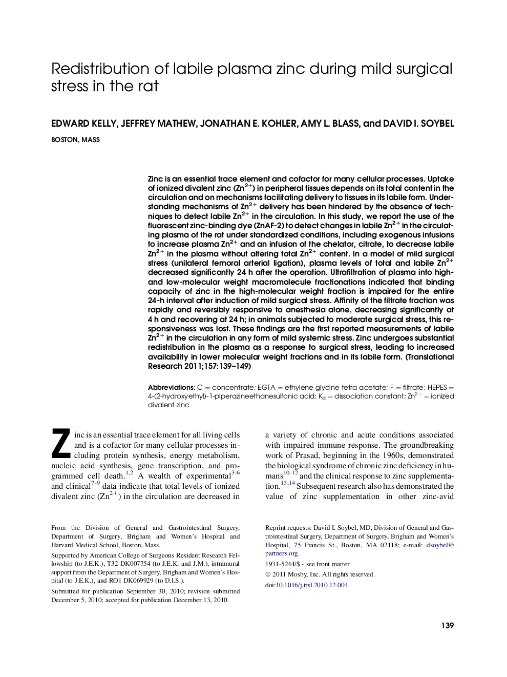 Redistribution of labile plasma zinc during mild surgical stress in the rat