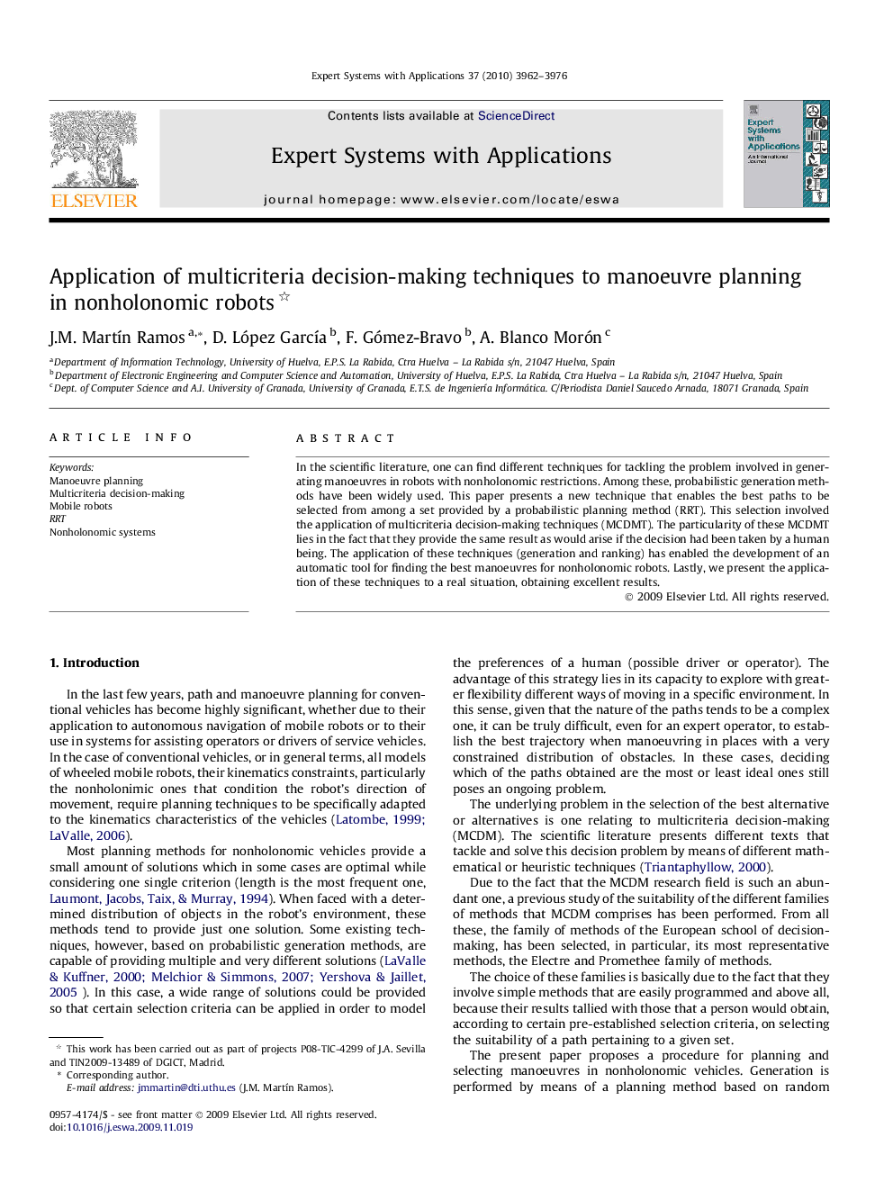 Application of multicriteria decision-making techniques to manoeuvre planning in nonholonomic robots 